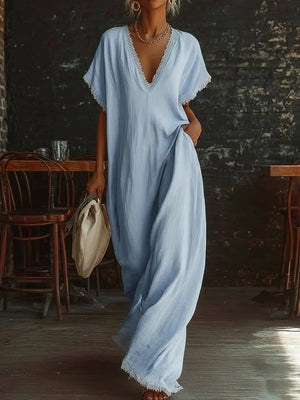 Summer Resort Style Lace Linen Maxi Dress