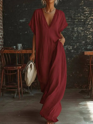 Summer Resort Style Lace Linen Maxi Dress