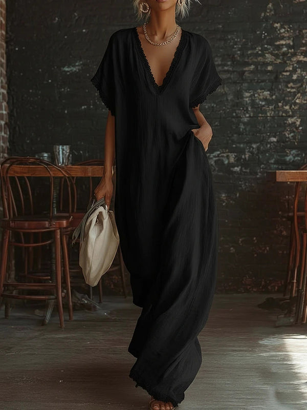 Summer Resort Style Lace Linen Maxi Dress