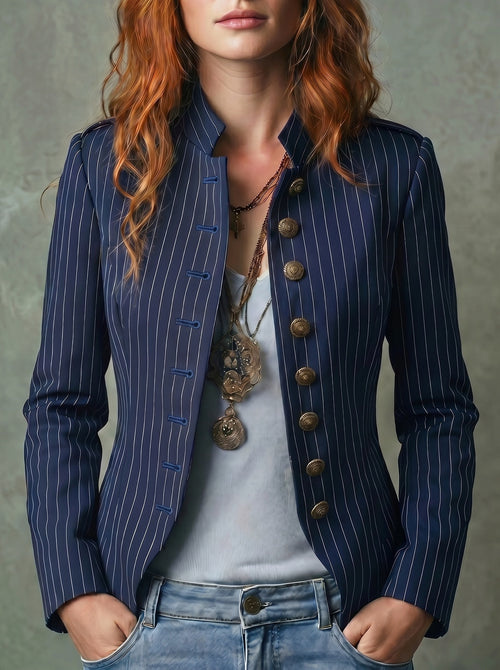 Tailored Navy Striped Stand Collar Blazer