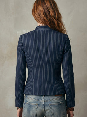 Tailored Navy Striped Stand Collar Blazer