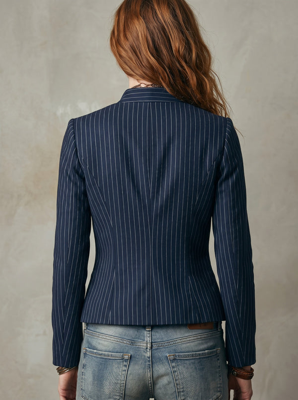 Tailored Navy Striped Stand Collar Blazer