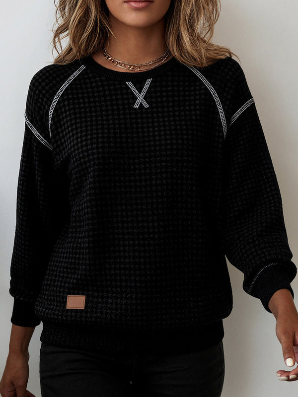 Textured Plaid Jacquard Crewneck Casual Sweatshirt