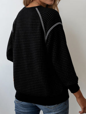 Textured Plaid Jacquard Crewneck Casual Sweatshirt