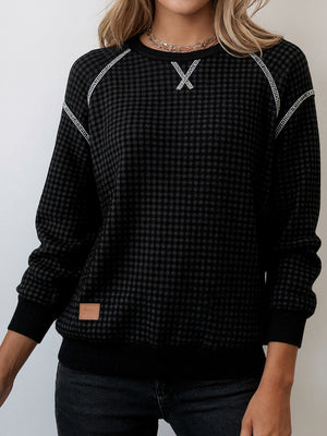 Textured Plaid Jacquard Crewneck Casual Sweatshirt