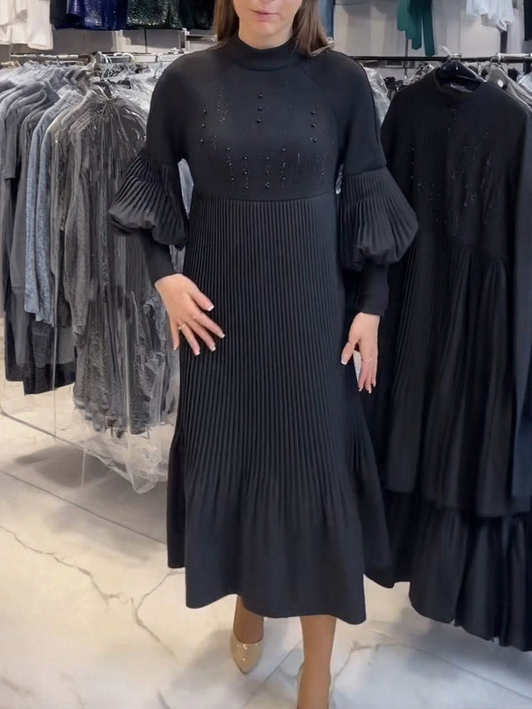 Timeless Pleated Dress with Dramatic Lantern Sleeves