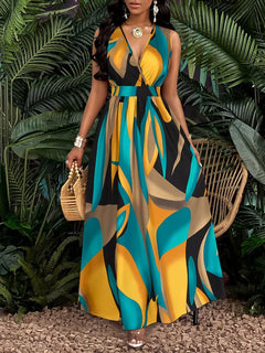 Tropical Printed Vacation V-Neck Maxi Dress