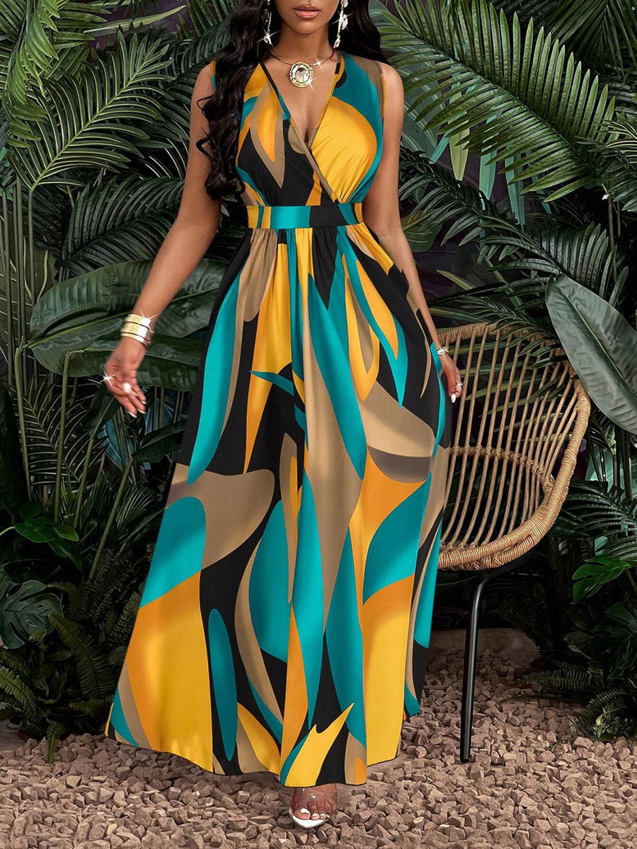 Tropical Printed Vacation V-Neck Maxi Dress