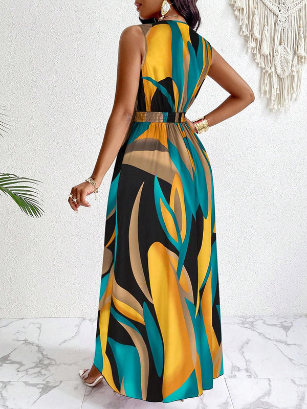 Tropical Printed Vacation V-Neck Maxi Dress