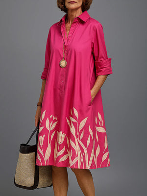 Unique Botanical Print Shirt Midi Dress