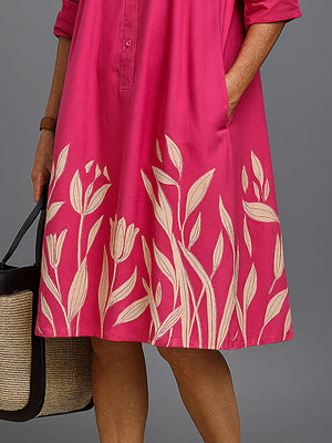 Unique Botanical Print Shirt Midi Dress