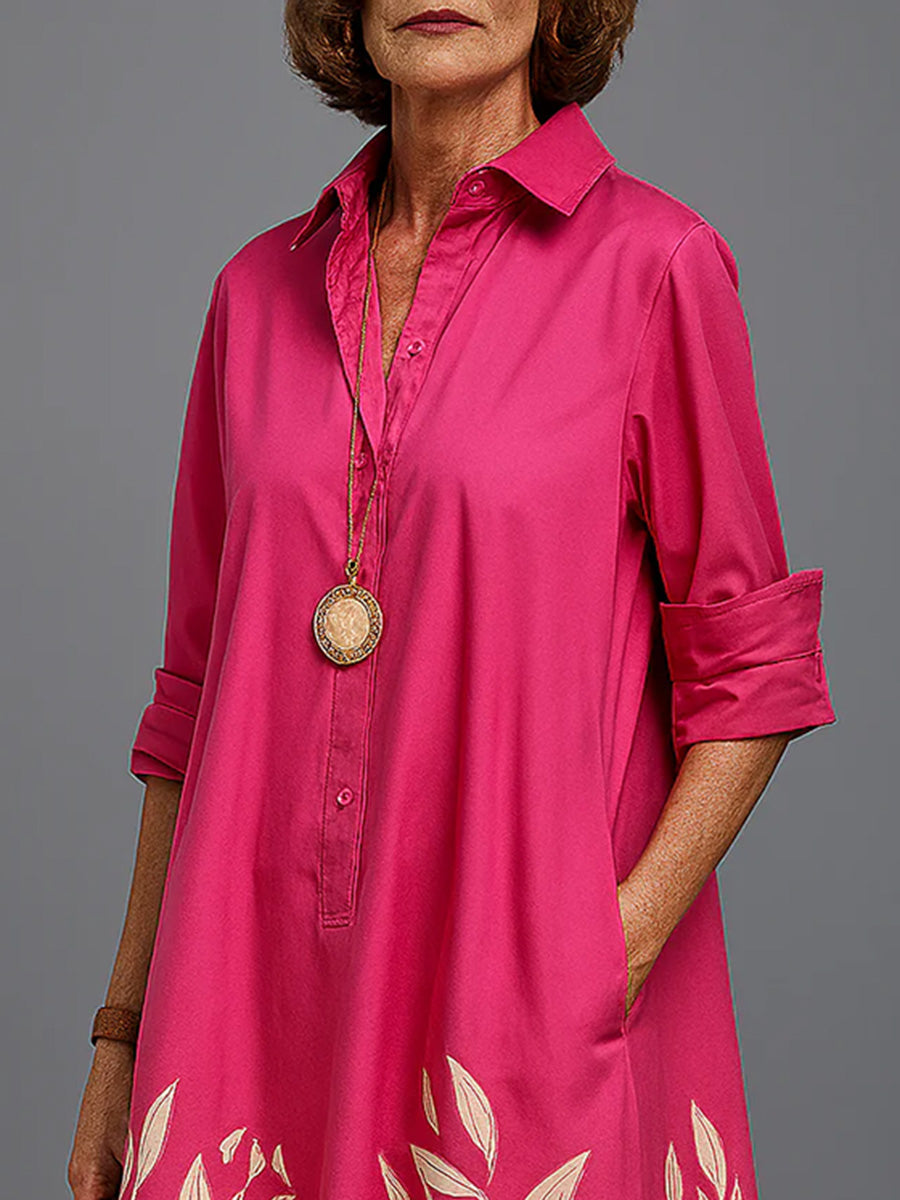 Unique Botanical Print Shirt Midi Dress