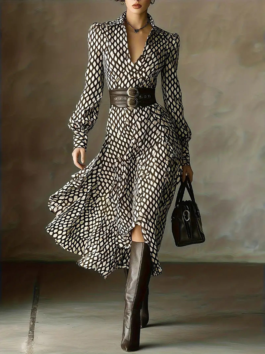 Unique Diamond Print V-Neck Long Sleeve Dress