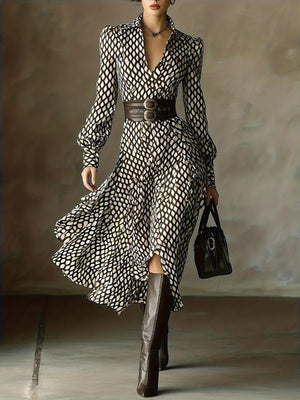 Unique Diamond Print V-Neck Long Sleeve Dress