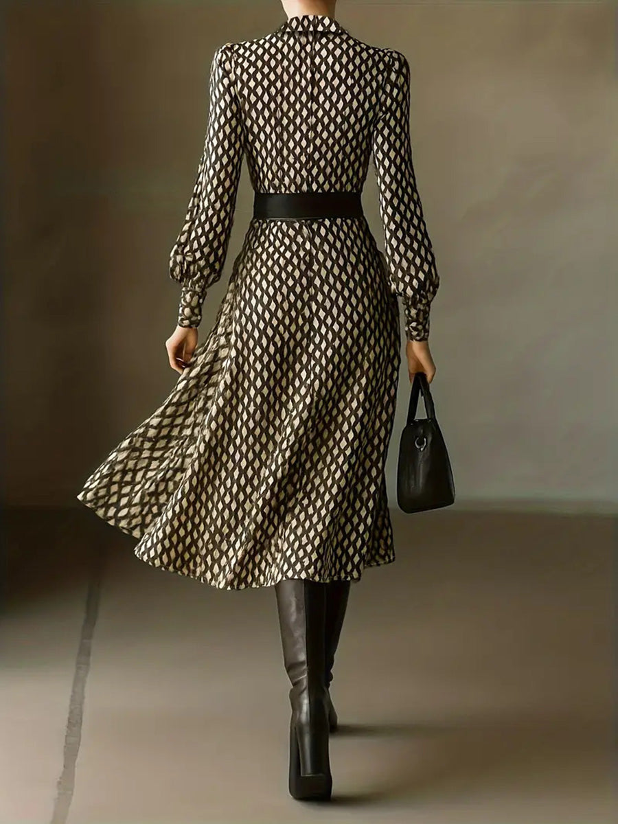 Unique Diamond Print V-Neck Long Sleeve Dress