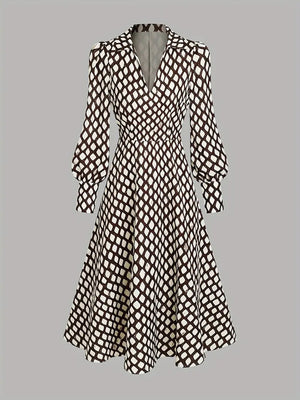 Unique Diamond Print V-Neck Long Sleeve Dress