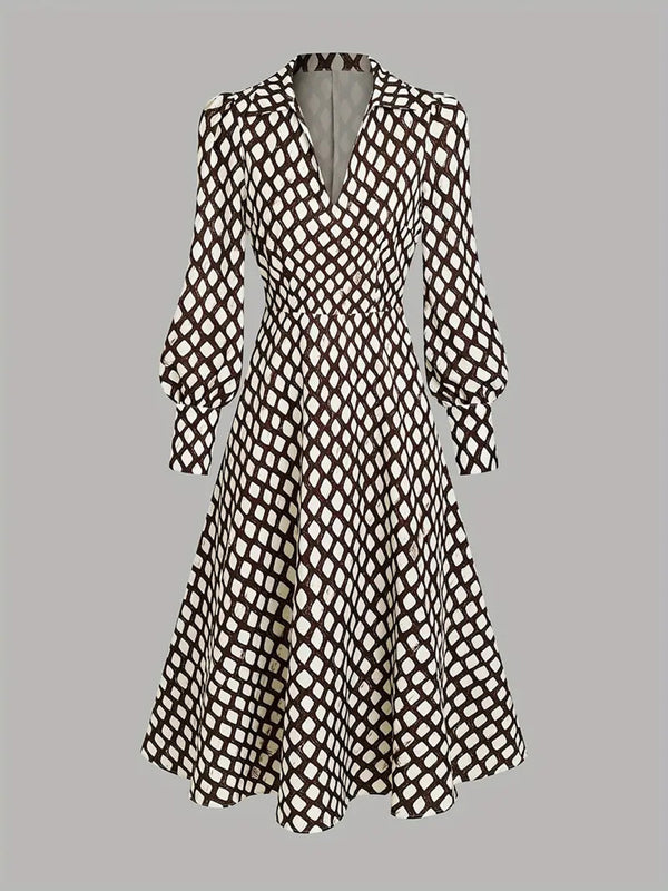Unique Diamond Print V-Neck Long Sleeve Dress