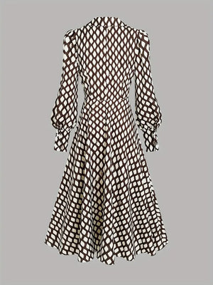 Unique Diamond Print V-Neck Long Sleeve Dress