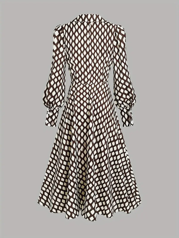 Unique Diamond Print V-Neck Long Sleeve Dress