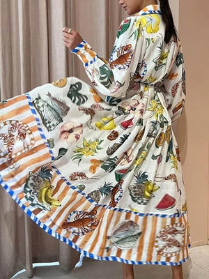 Unique Fruit Pattern Long-Sleeved Maxi Dress