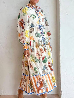 Unique Fruit Pattern Long-Sleeved Maxi Dress