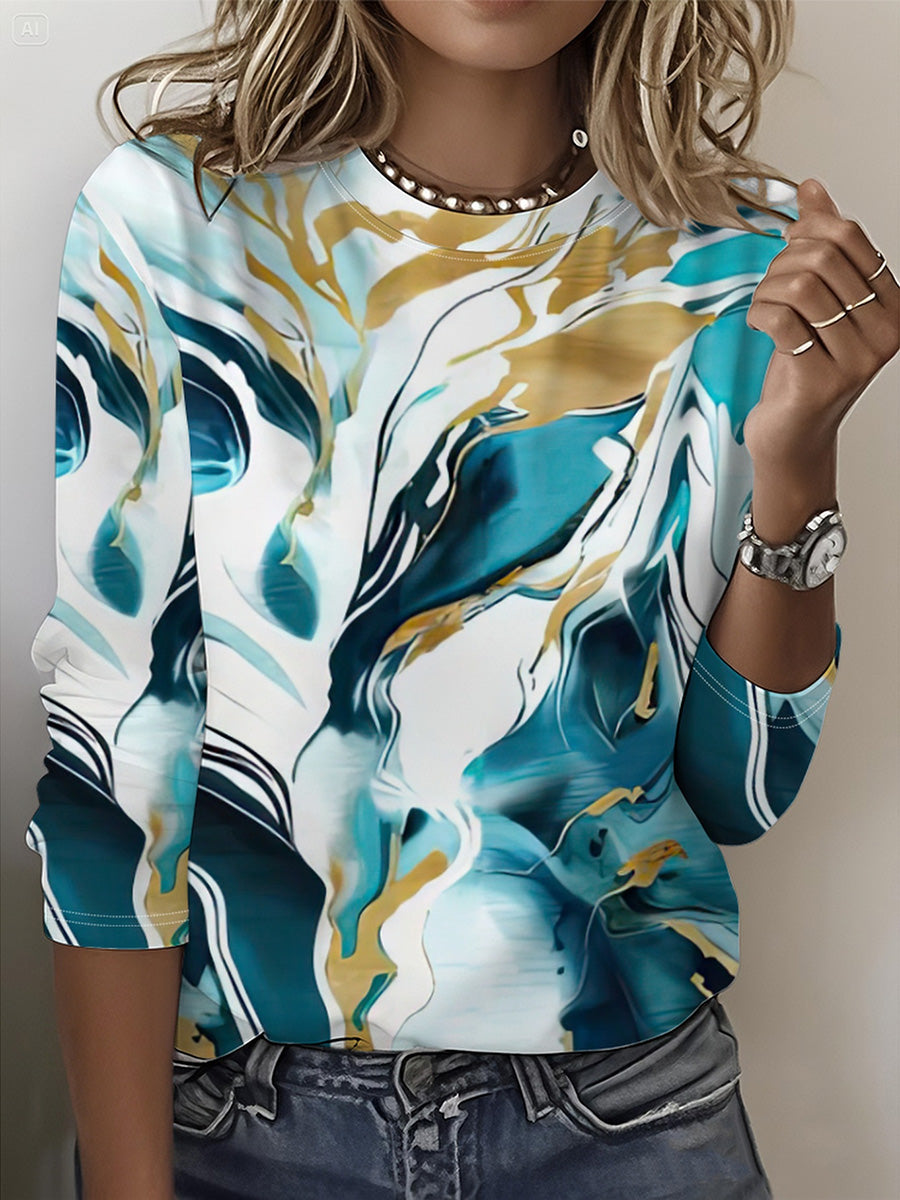 Unique Print Crew Neck Long Sleeve Casual Top