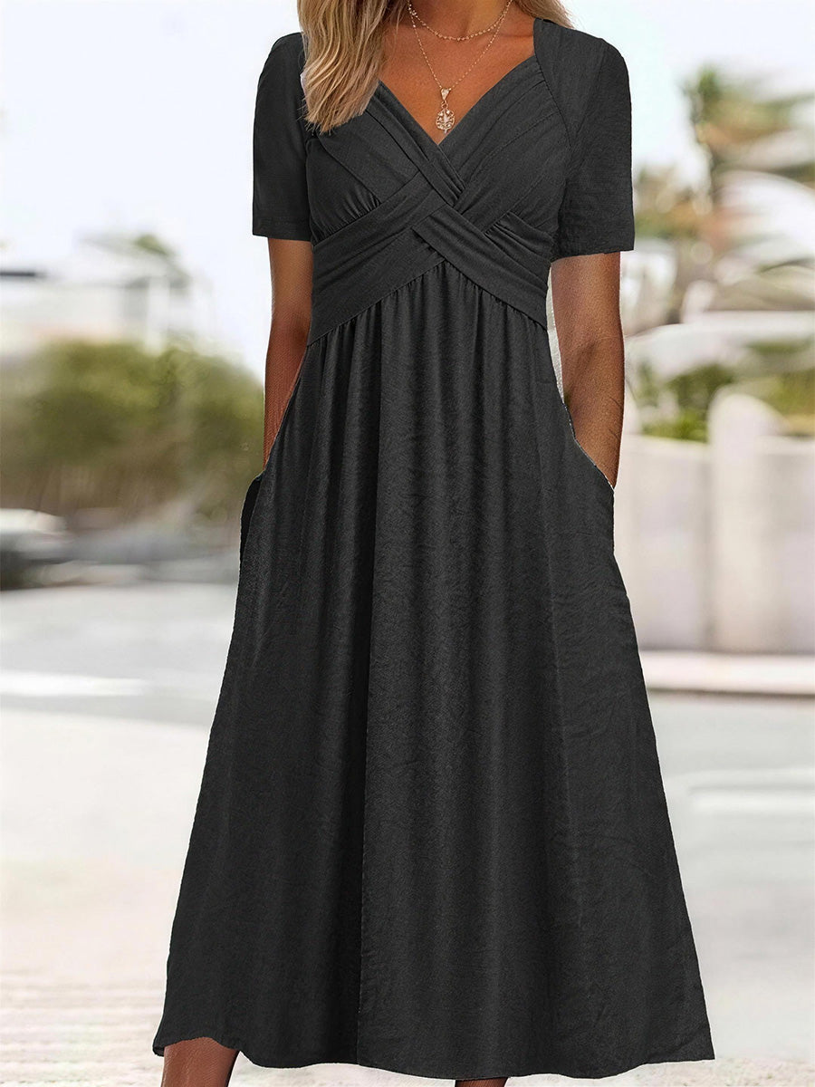 Unique V-Neck Crossover Midi Dress