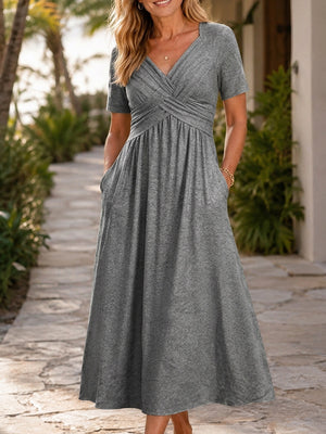Unique V-Neck Crossover Midi Dress