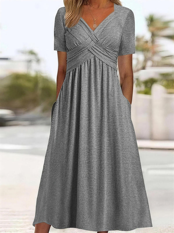 Unique V-Neck Crossover Midi Dress