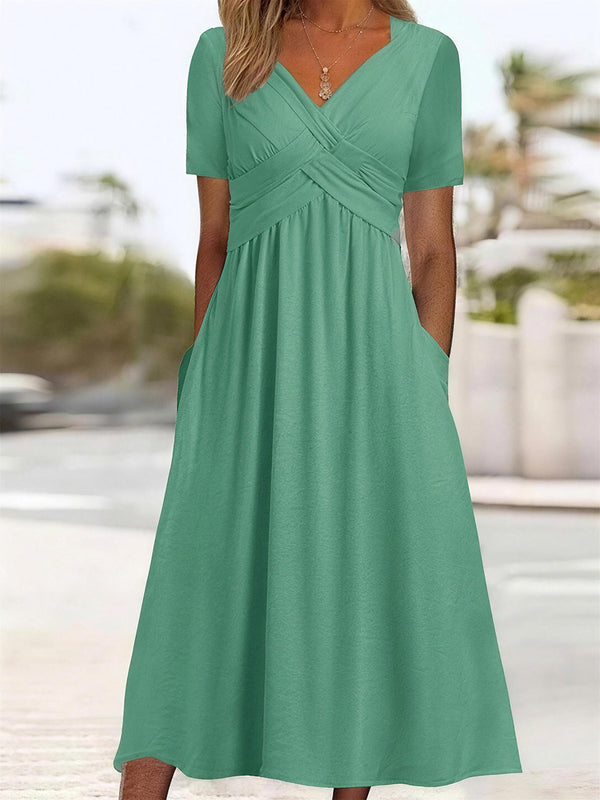 Unique V-Neck Crossover Midi Dress