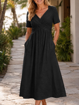 Unique V-Neck Crossover Midi Dress