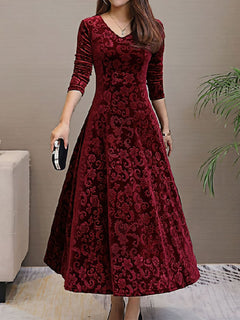 Robe élégante en velours imprimé à col en V