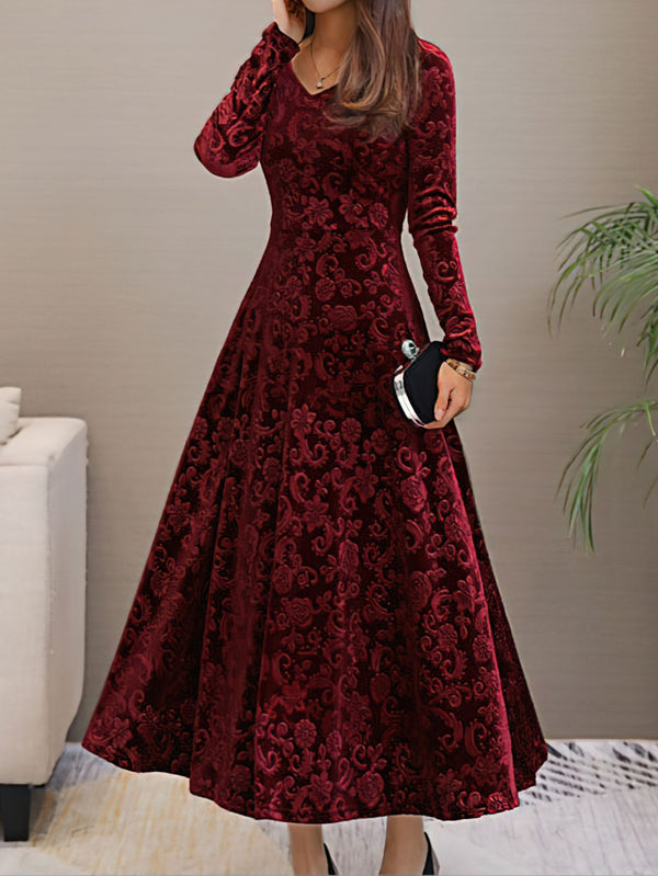 V-Neck Elegant Printed Velvet Dress