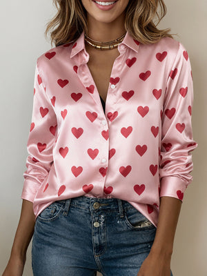 Vibrant Heart Print Long-Sleeve Blouse