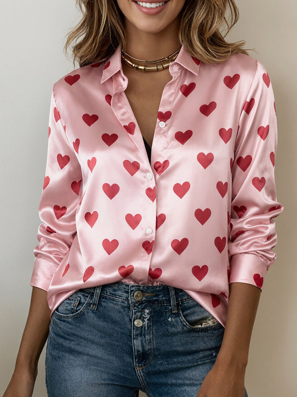 Vibrant Heart Print Long-Sleeve Blouse