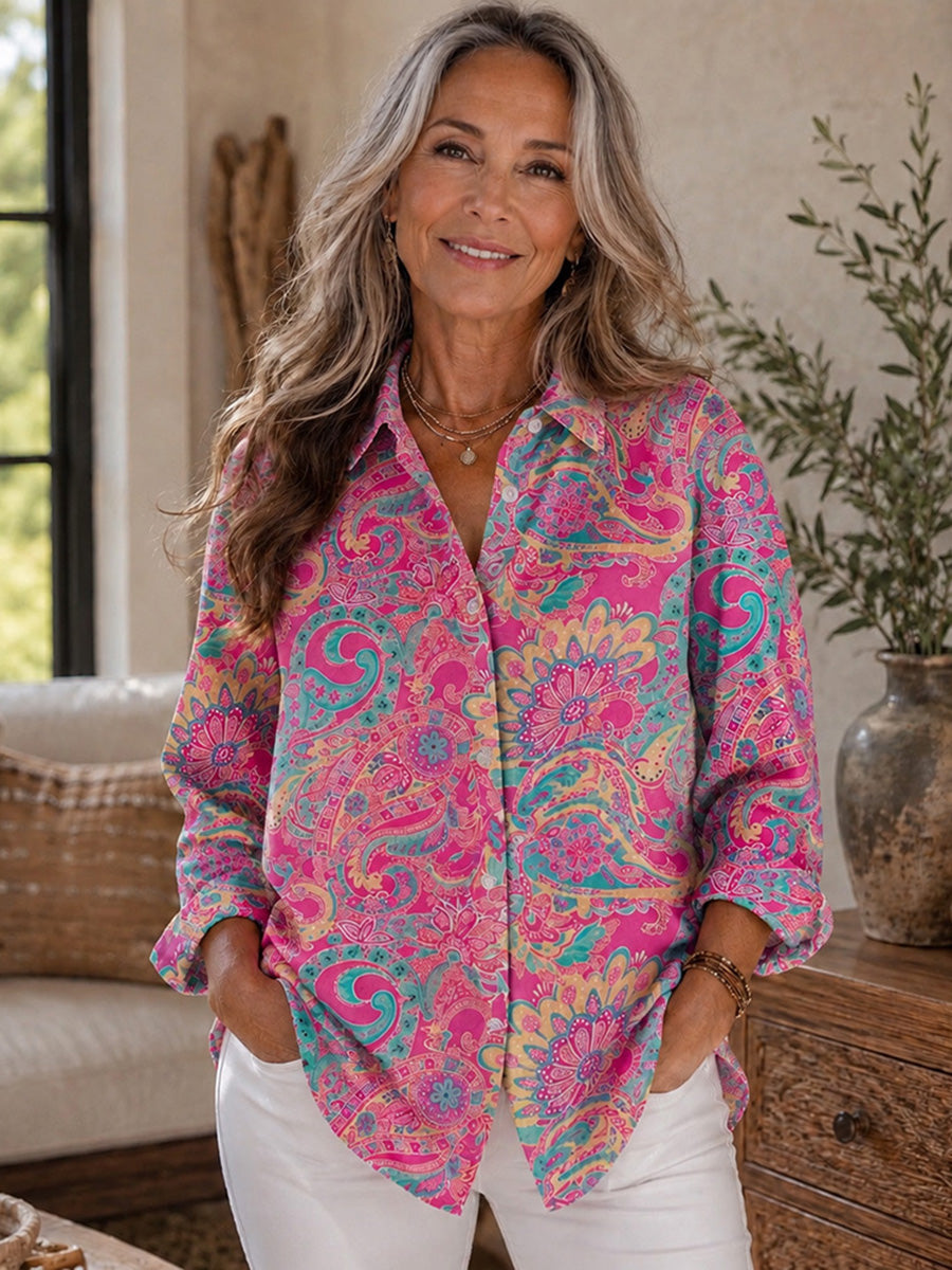 Vibrant Pink Paisley Printed Button Up Shirt