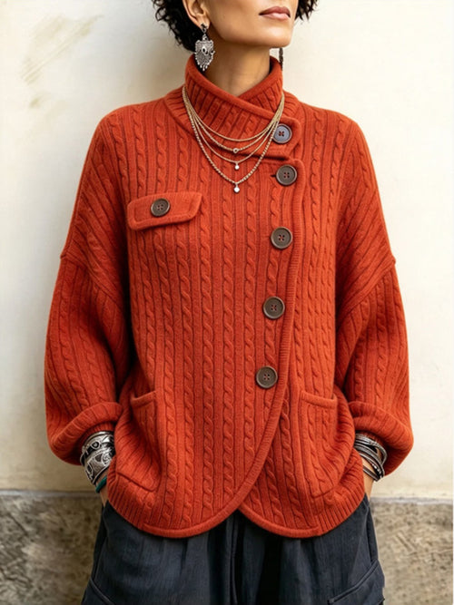 Vintage-Inspired Asymmetric Button Cable Knit Cardigan