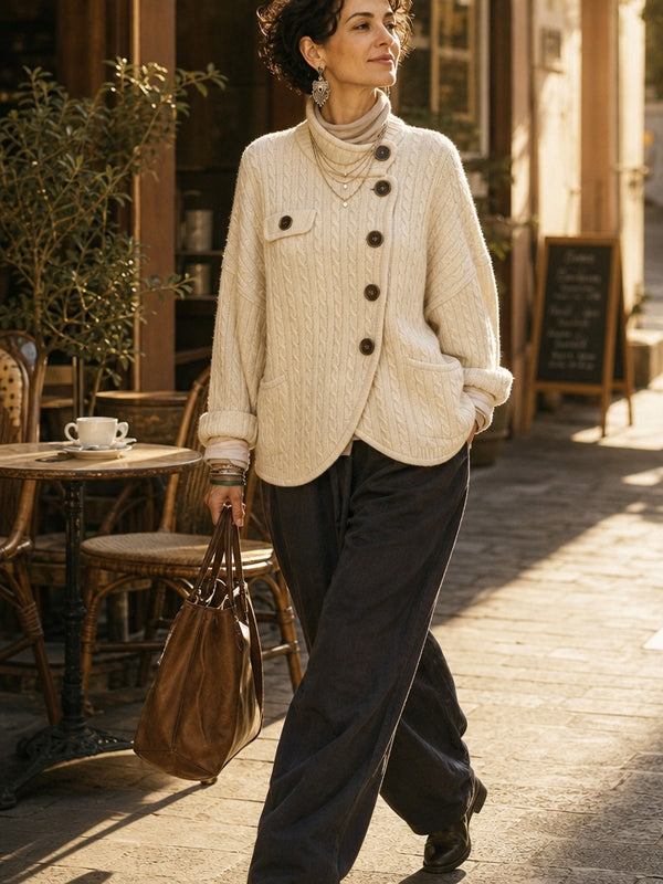 Vintage-Inspired Asymmetric Button Cable Knit Cardigan
