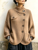 Vintage-Inspired Asymmetric Button Cable Knit Cardigan
