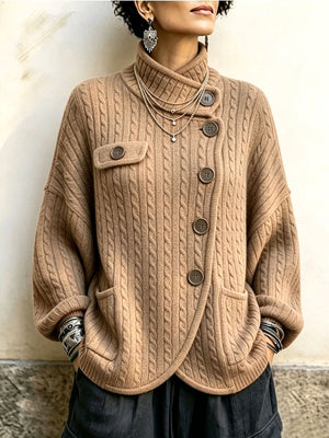 Vintage-Inspired Asymmetric Button Cable Knit Cardigan