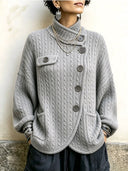 Vintage-Inspired Asymmetric Button Cable Knit Cardigan