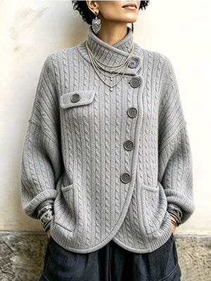 Vintage-Inspired Asymmetric Button Cable Knit Cardigan