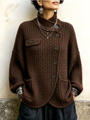 Vintage-Inspired Asymmetric Button Cable Knit Cardigan