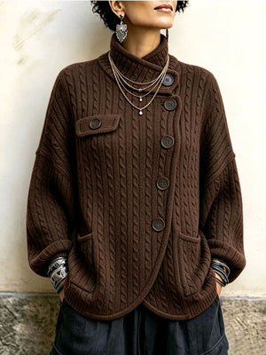 Vintage-Inspired Asymmetric Button Cable Knit Cardigan