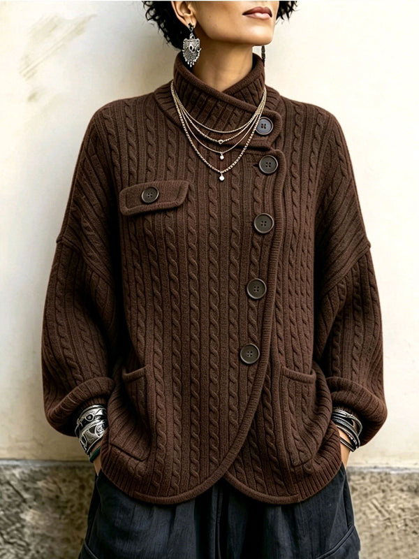 Vintage-Inspired Asymmetric Button Cable Knit Cardigan