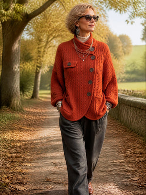 Vintage-Inspired Asymmetric Button Cable Knit Cardigan