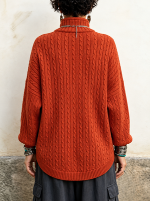 Vintage-Inspired Asymmetric Button Cable Knit Cardigan
