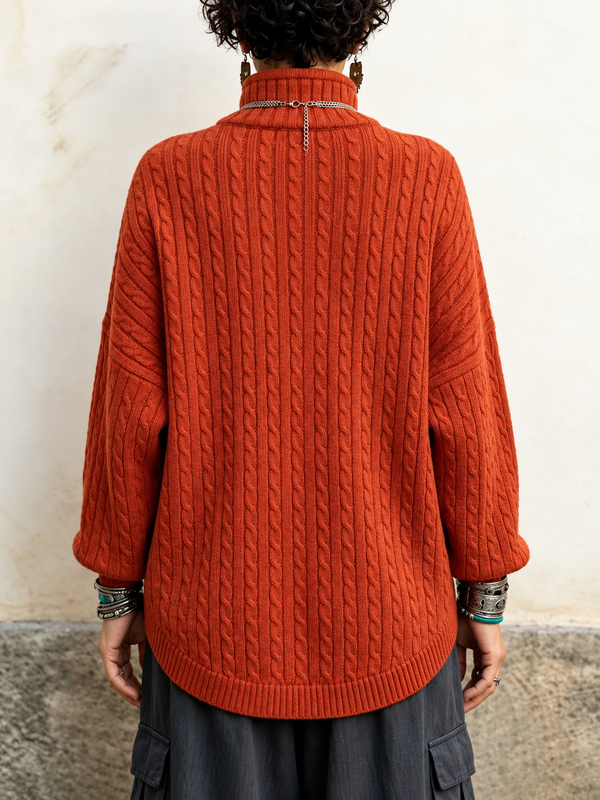 Vintage-Inspired Asymmetric Button Cable Knit Cardigan