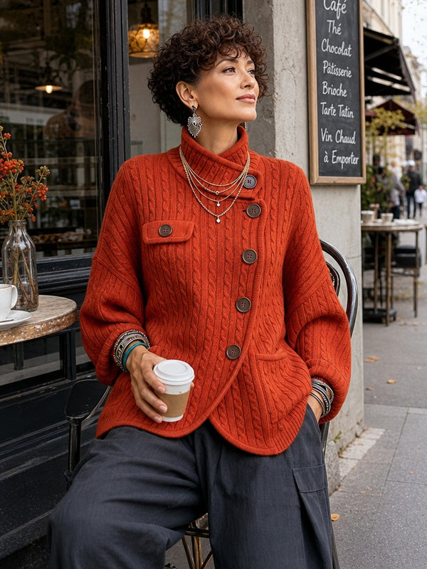 Vintage-Inspired Asymmetric Button Cable Knit Cardigan