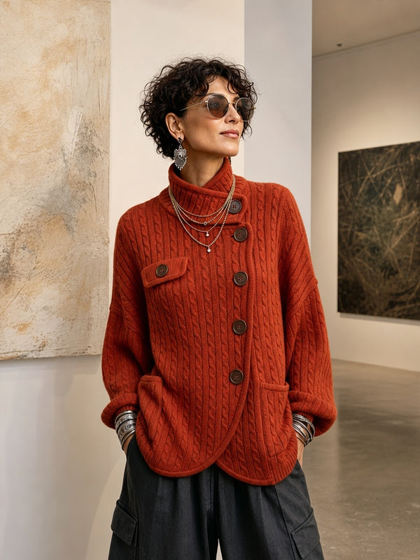 Vintage-Inspired Asymmetric Button Cable Knit Cardigan